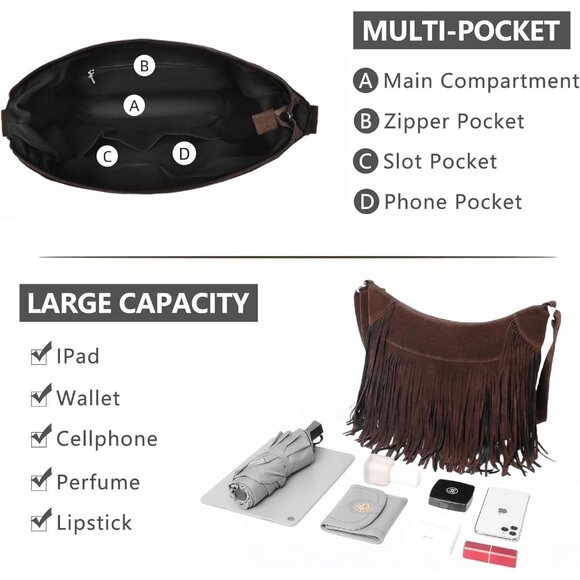 Vintage-Inspired Suede Crossbody Bag with Tassels - Ideal for Hippie Chic Style - Picture 3 of 6